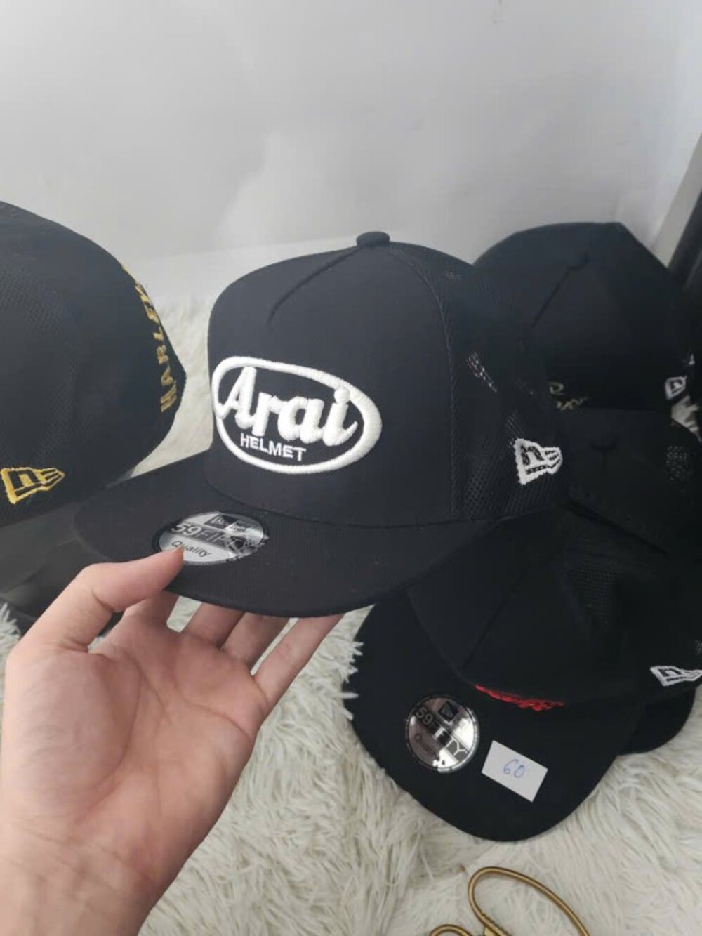 Arai Helmet Black Snapback Trucker Hat Embroidered Logo Flat Brim Cap